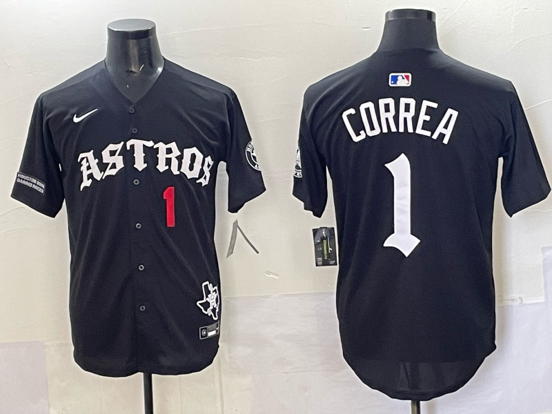 Men 2025 Houston Astros 1 Correa black Game Nike MLB Jersey style 002